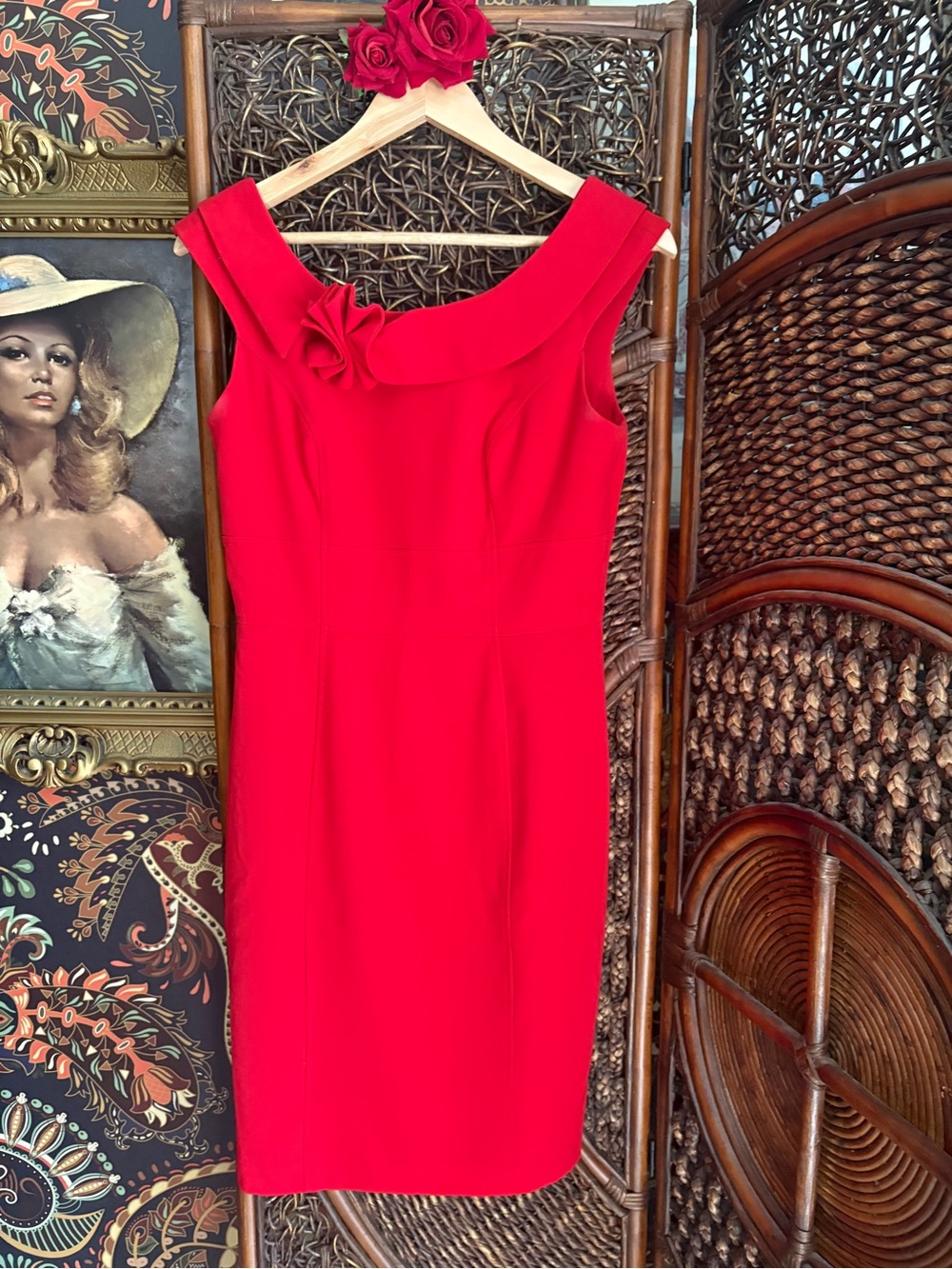 Calvin Klein Red Rosette Collar Sheath Dress Size 6 Cocktail Workwear